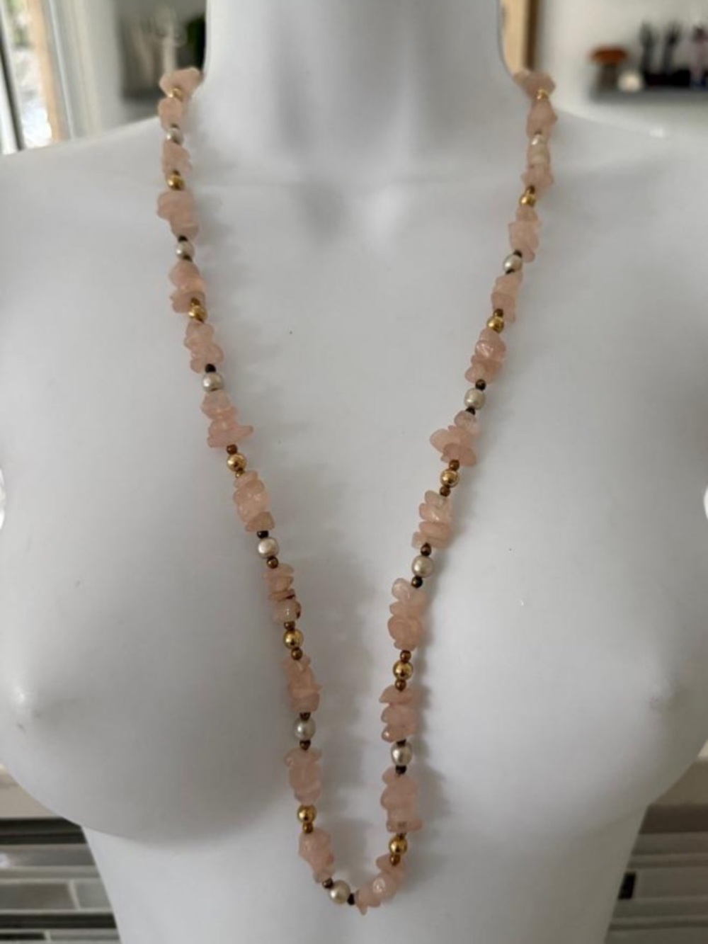 Sandra David Rose Quartz & Pearl 30" Long Necklace|Gold Separator Beads|Hang Tag